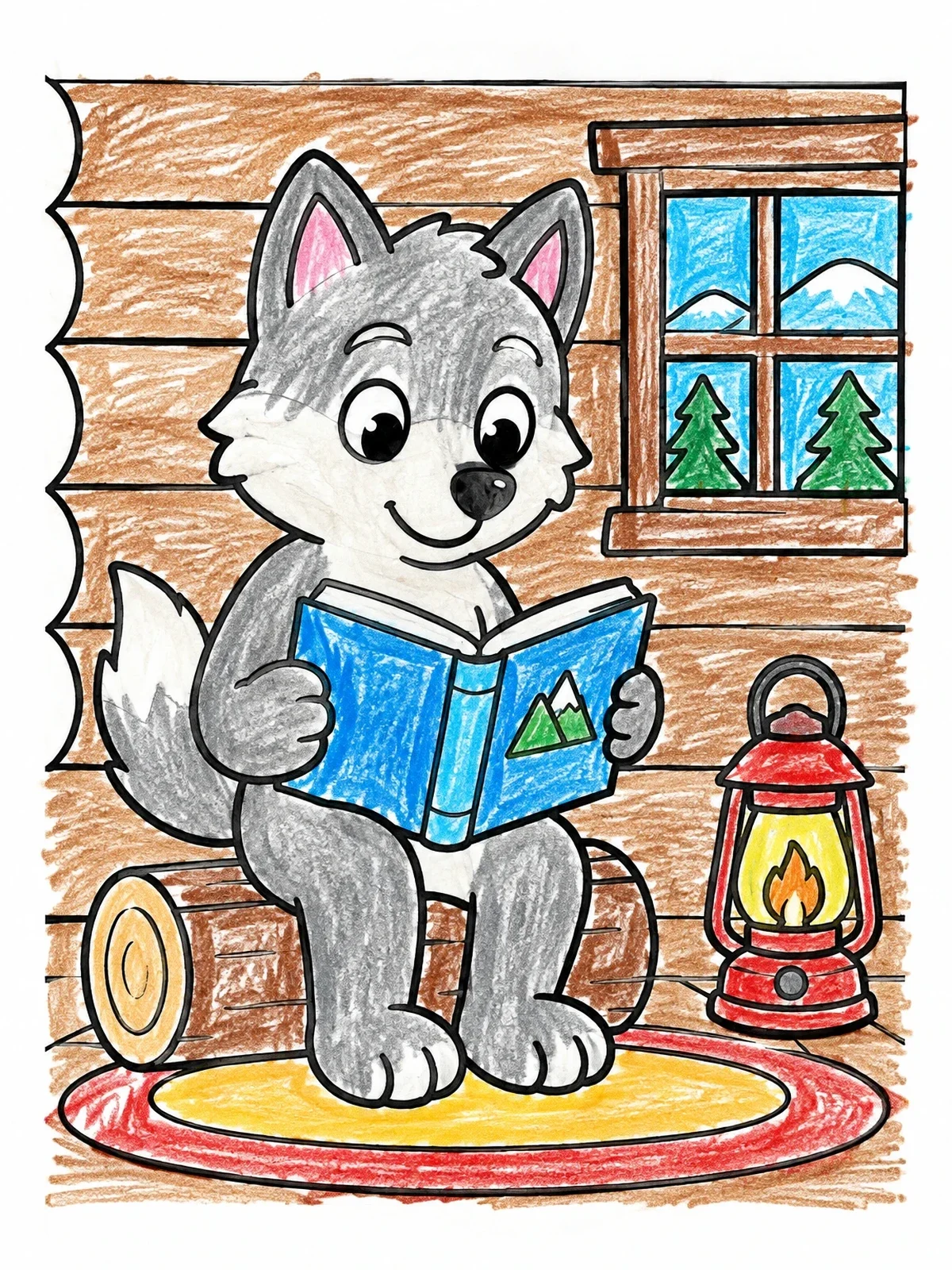 Colored example of the Cozy Wolf Pup Reading Book coloring page