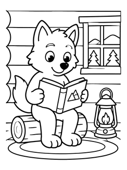 A friendly wolf coloring page showing a pup reading a book inside a cozy cabin.