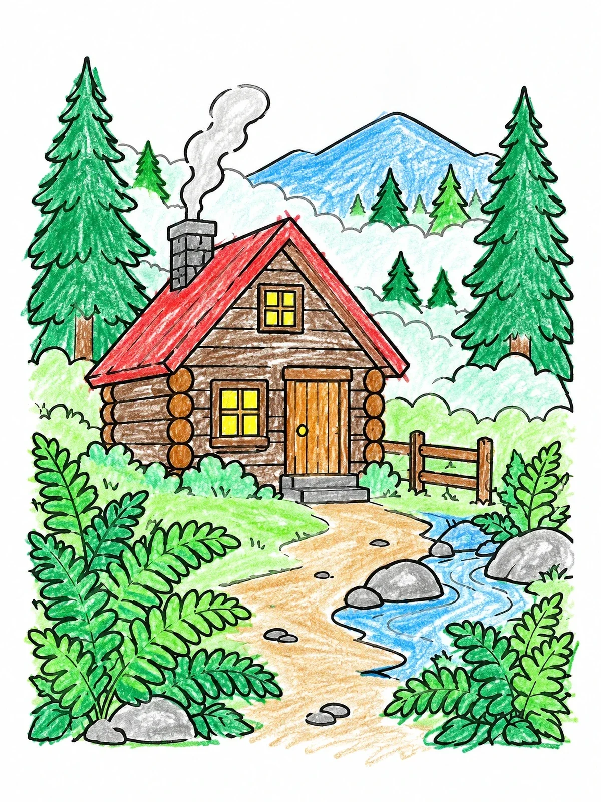 Colored example of the Cozy Wooden Cabin In Forest coloring page