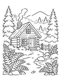 Free printable Cozy Wooden Cabin In Forest coloring page
