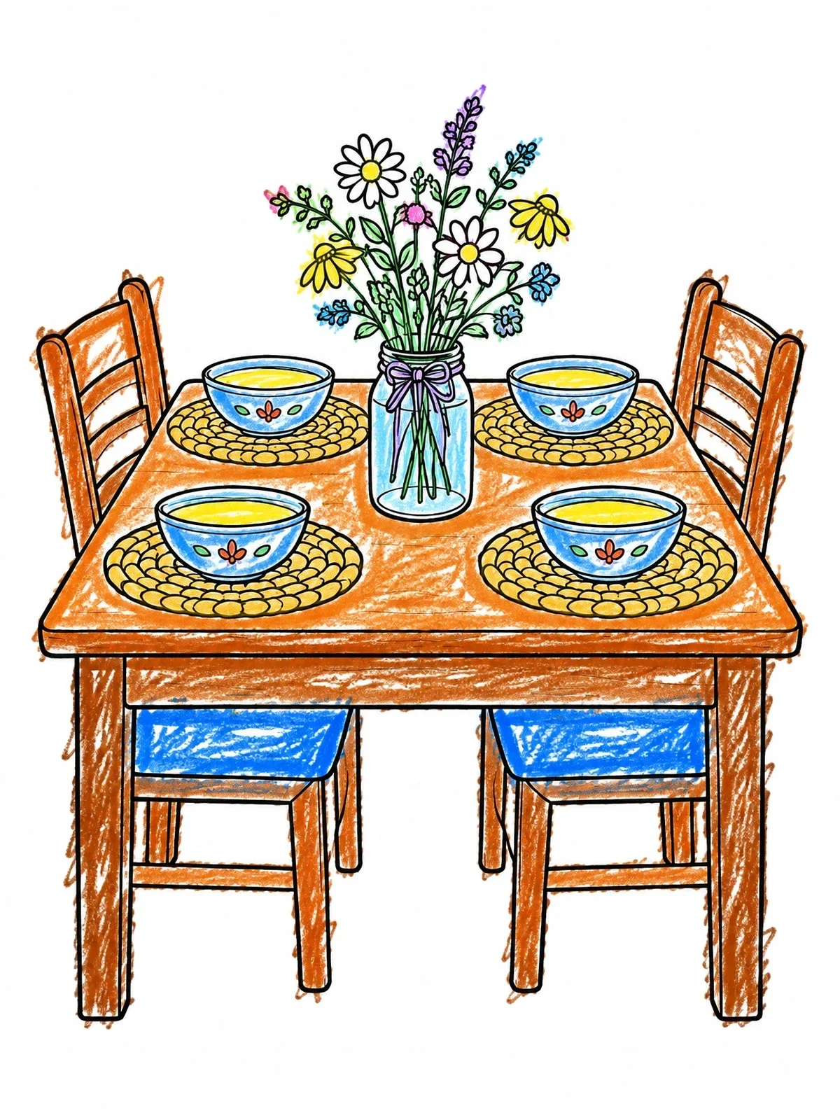 Colored example of the Cozy Wooden Dining Table Setting coloring page