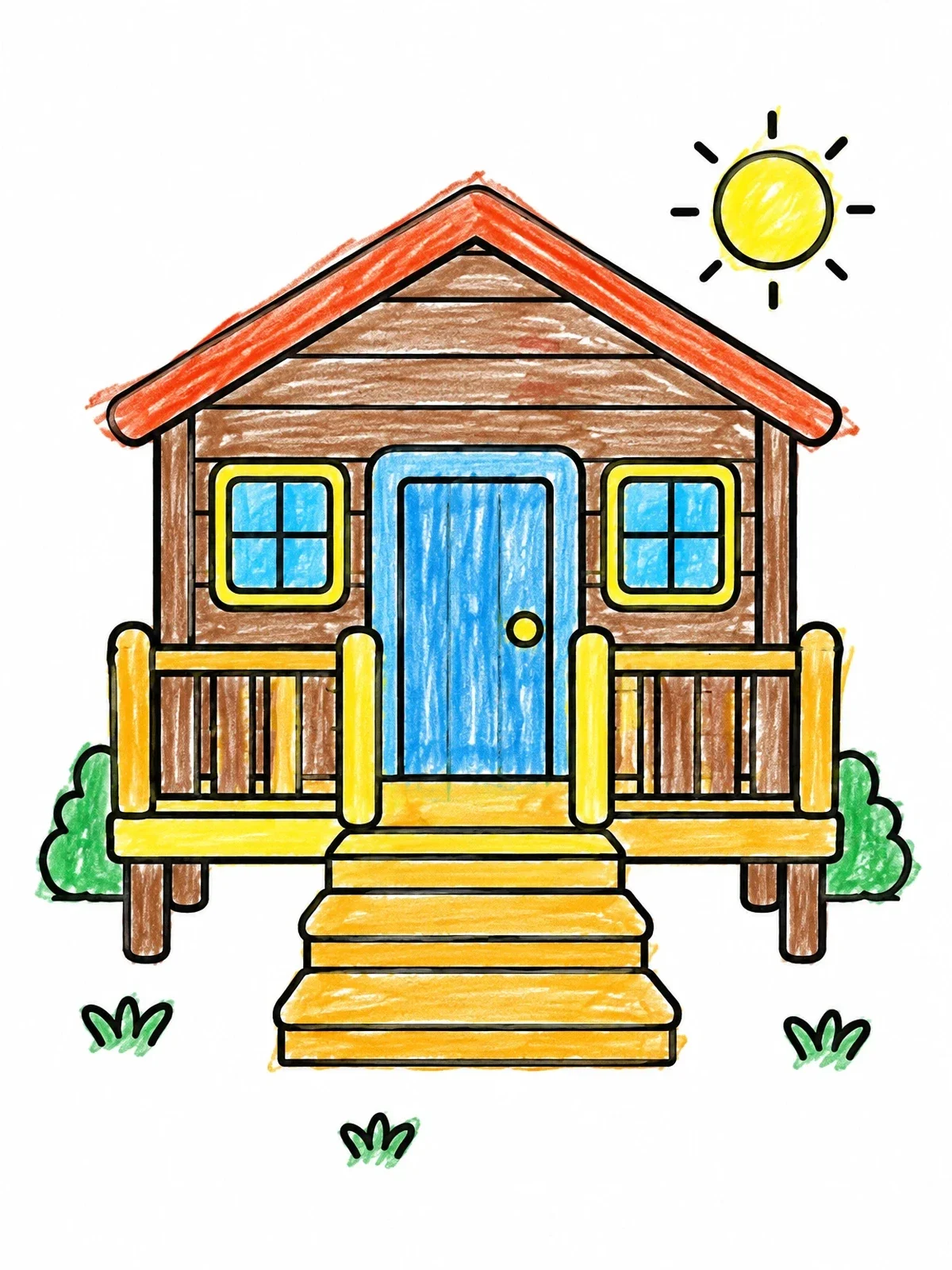 Colored example of the Cozy Wooden Playhouse Cabin coloring page