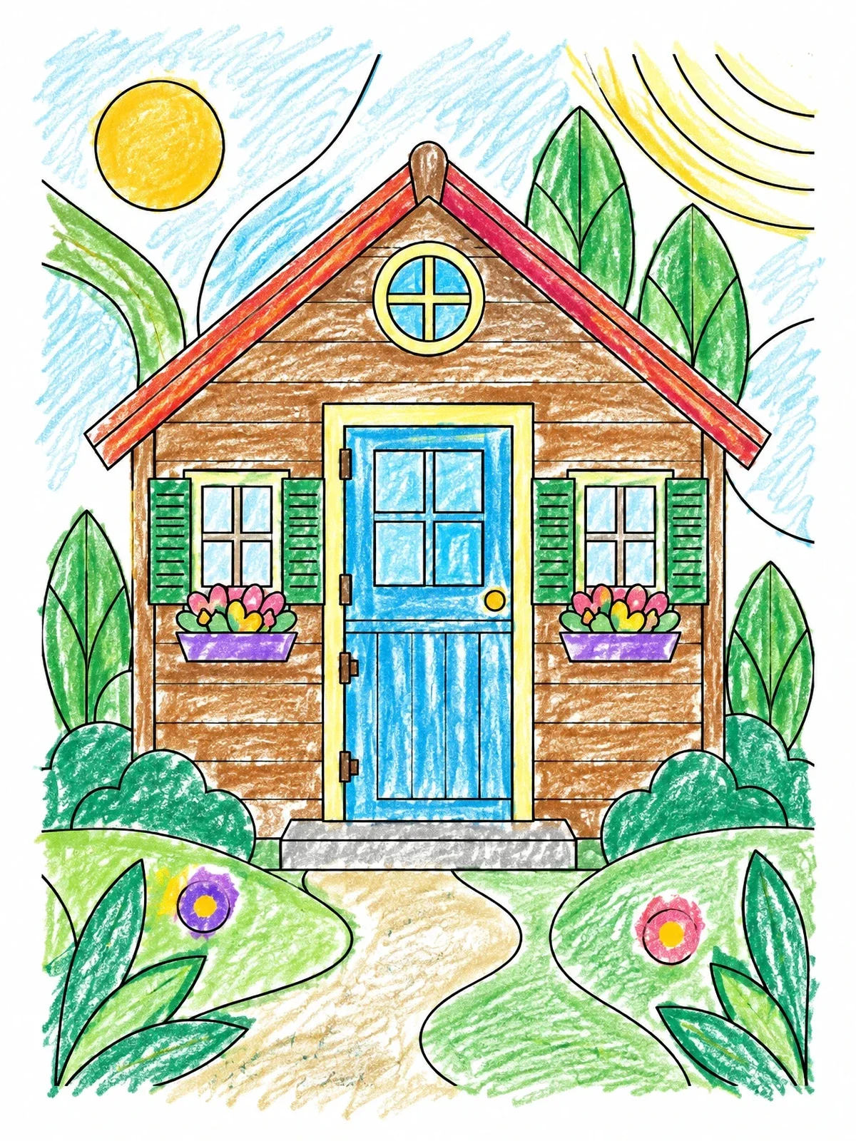 Colored example of the Cozy Wooden Playhouse Cottage coloring page