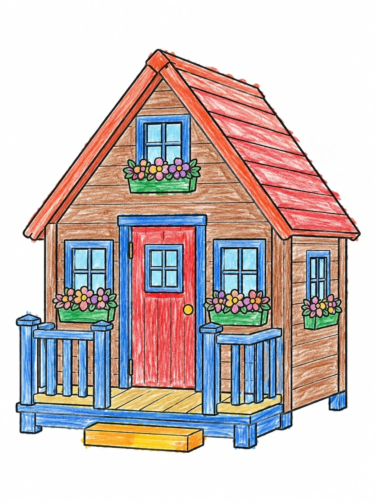 Colored example of the Cozy Wooden Playhouse With Porch coloring page