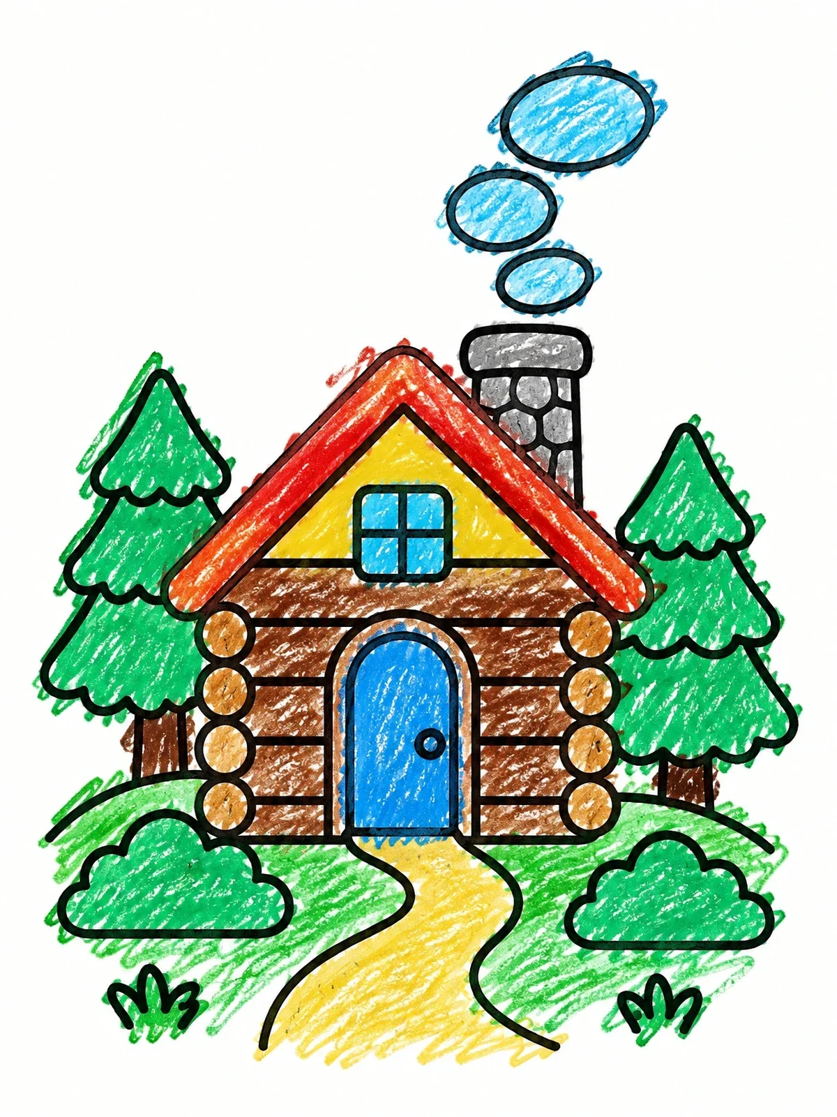 Colored example of the Cozy Woodland Log Cabin coloring page