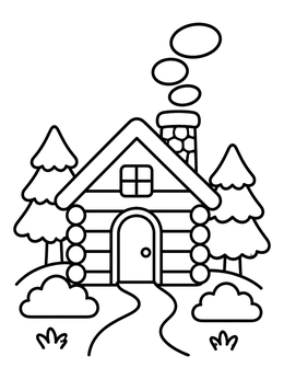 Free printable Cozy Woodland Log Cabin coloring page