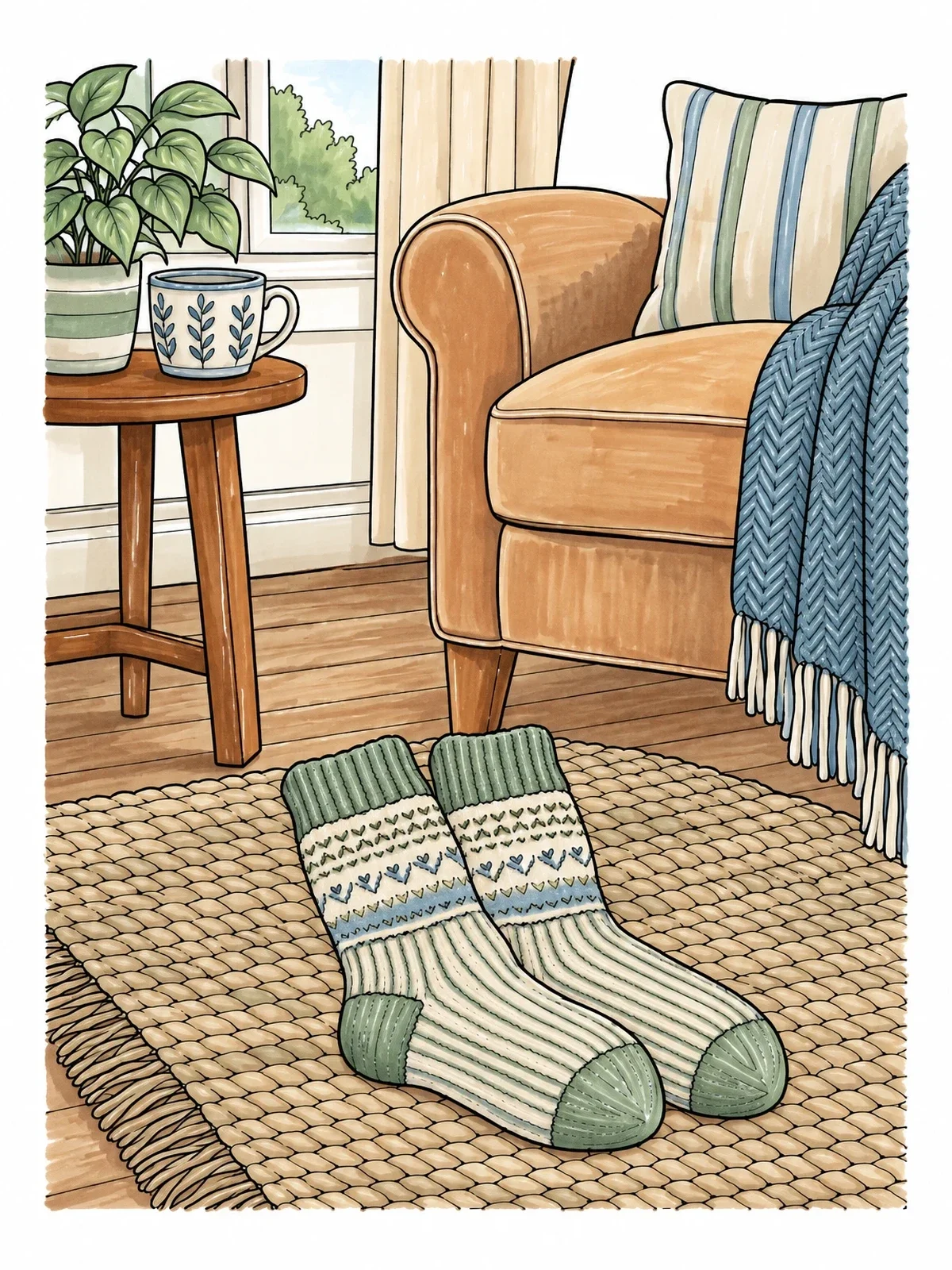 Colored example of the Cozy Wool Socks On A Rug coloring page