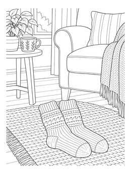 A cozy socks coloring page featuring patterned wool socks on a braided rug next to an armchair.
