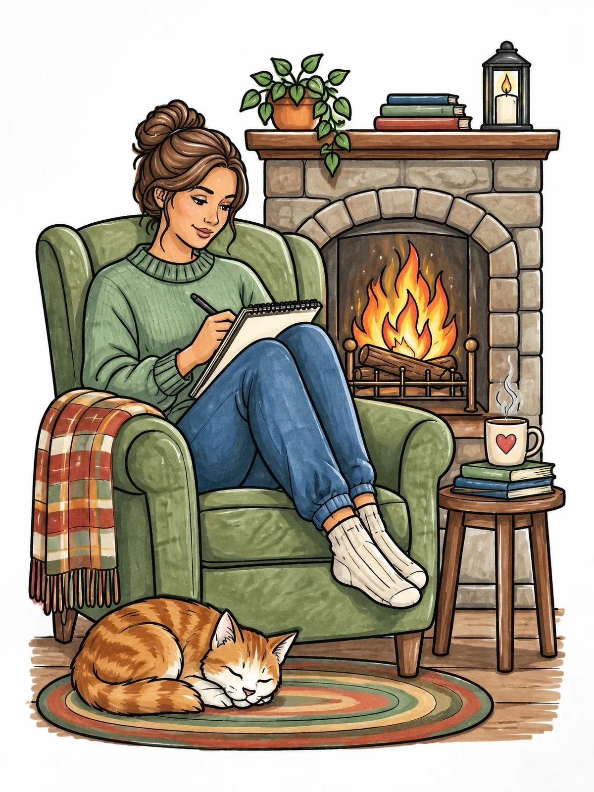 Colored example of the Cozy Writer By The Fireplace coloring page