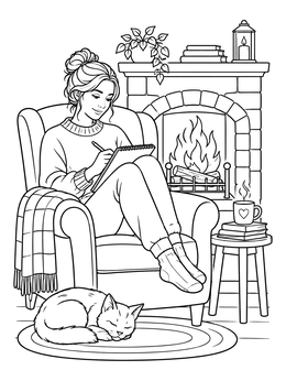 A woman sketching in an armchair beside a hearth in this writer coloring page.