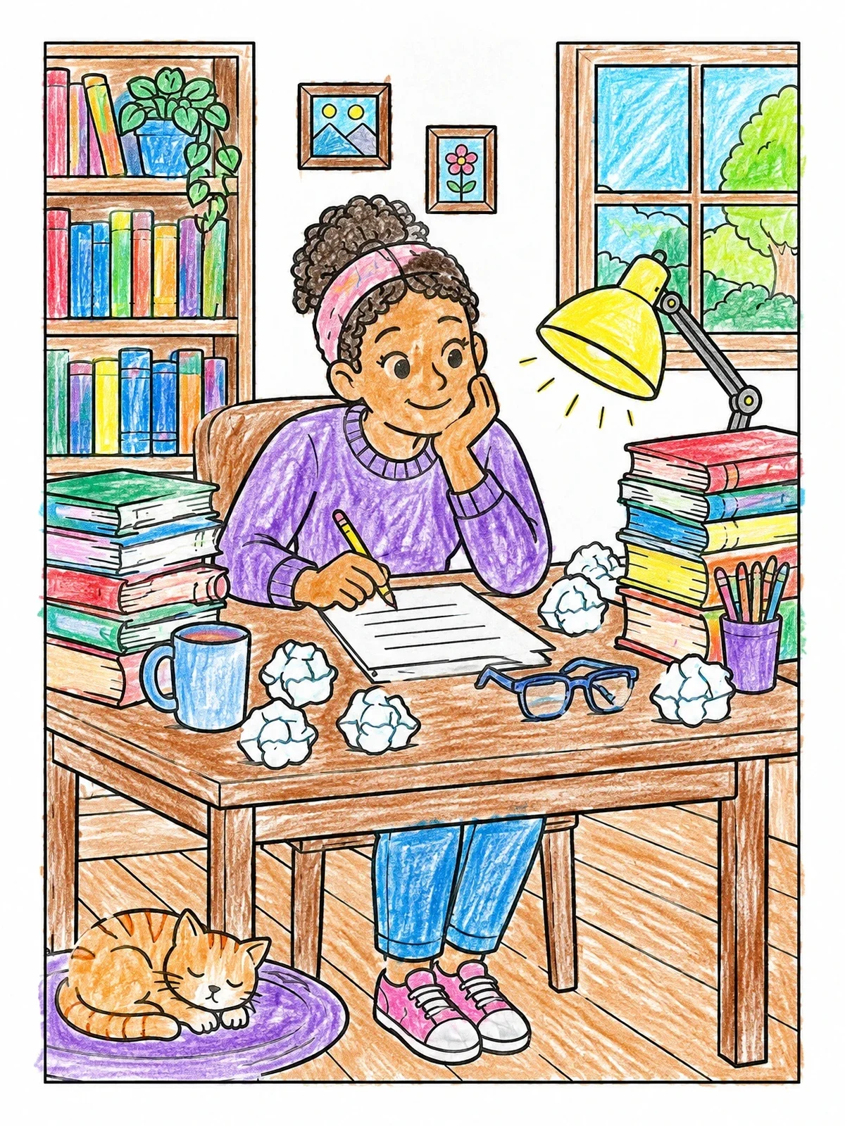 Colored example of the Cozy Writer Desk With Cat coloring page