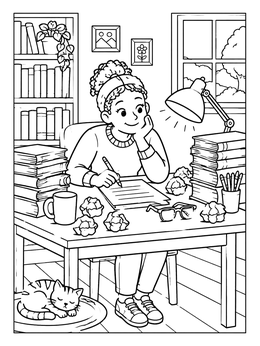 Free printable Cozy Writer Desk With Cat coloring page