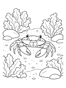 A crab resting on the sandy seabed in this seaweed coloring page surrounded by smooth stones.