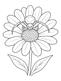 A detailed spider coloring page featuring a crab spider sitting on a daisy flower.