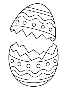 A cracked open easter eggs coloring page with wavy lines and polka dots.
