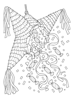 A burst star pinata coloring page spilling wrapped candies and confetti.