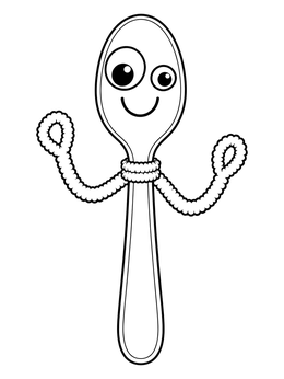 A handmade spoon toy coloring page featuring pipe cleaner arms and goofy eyes.