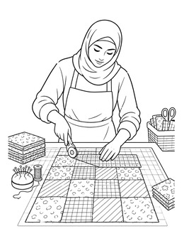 A woman working at her craft table in this detailed quilt coloring page.