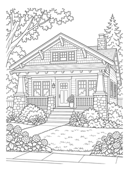 Detailed house coloring page featuring a cozy Craftsman bungalow with a stone porch.