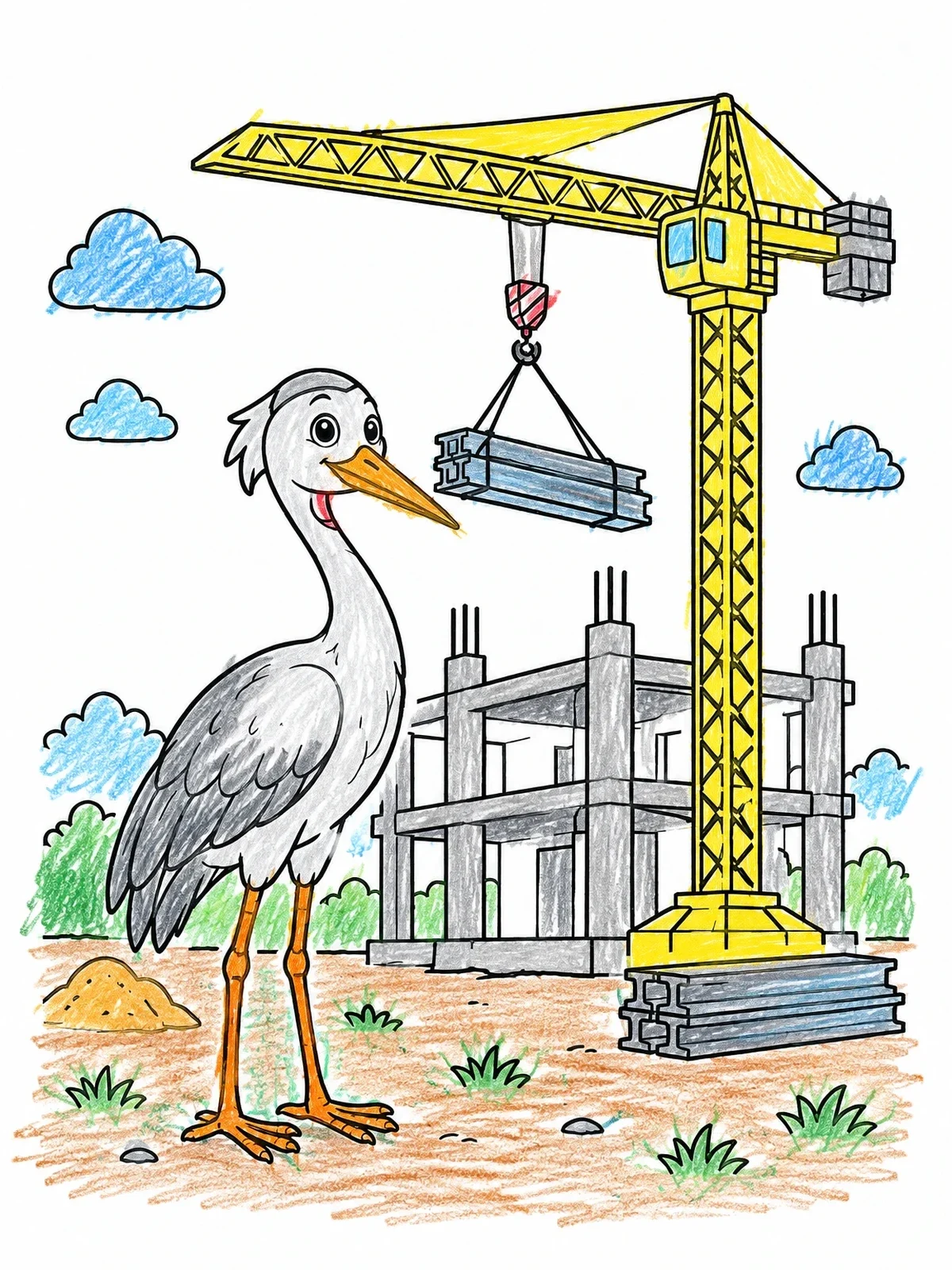 Colored example of the Crane Bird At Construction Site coloring page