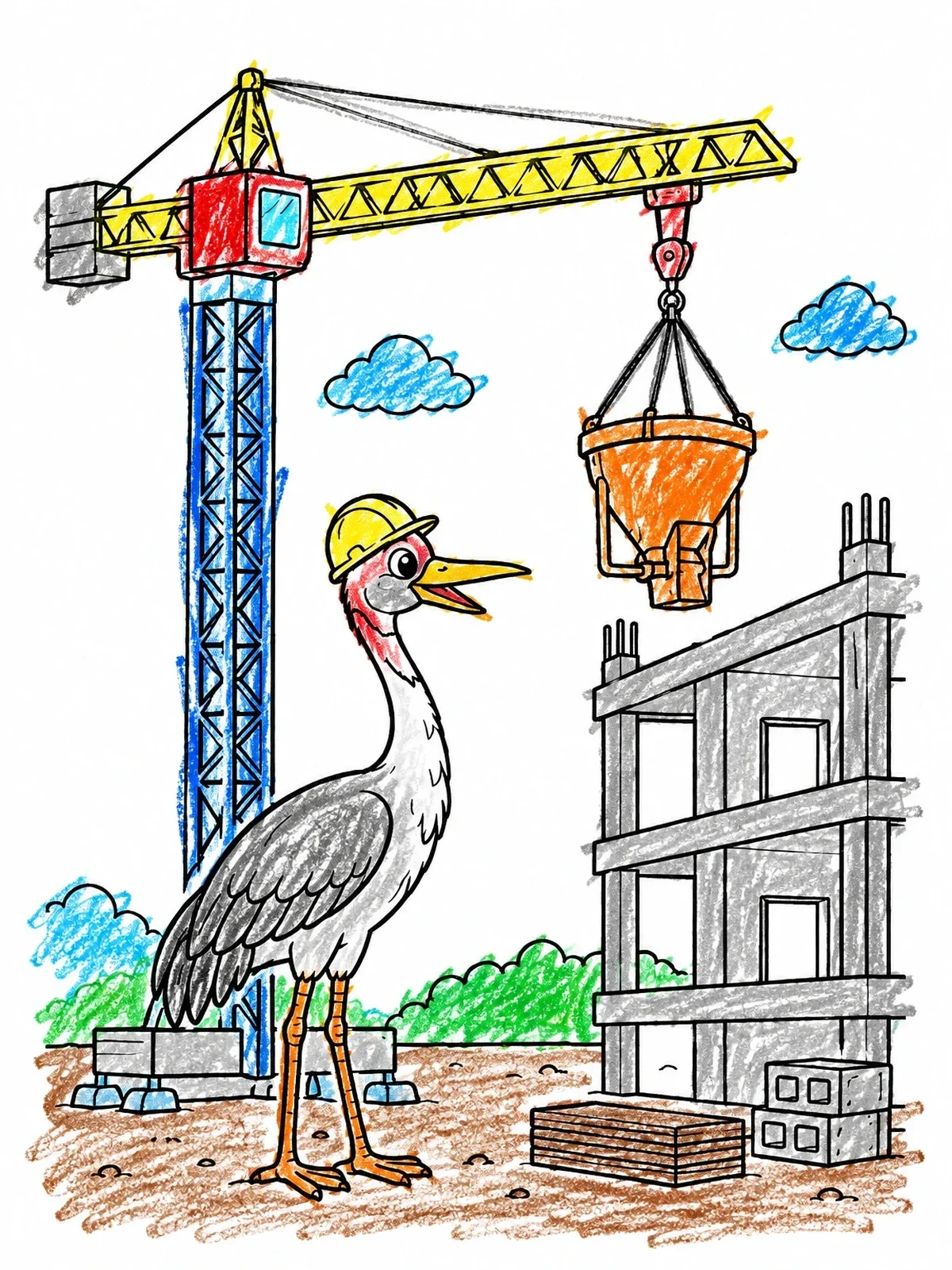 Colored example of the Crane Bird At Construction Site coloring page