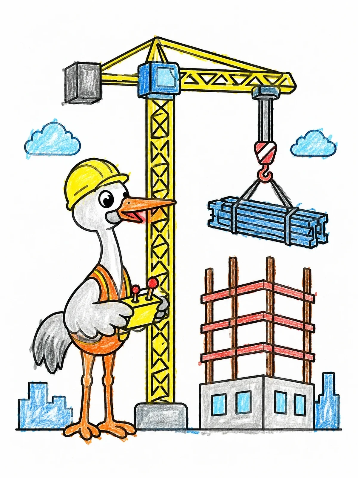 Colored example of the Crane Bird Operating A Construction Crane coloring page