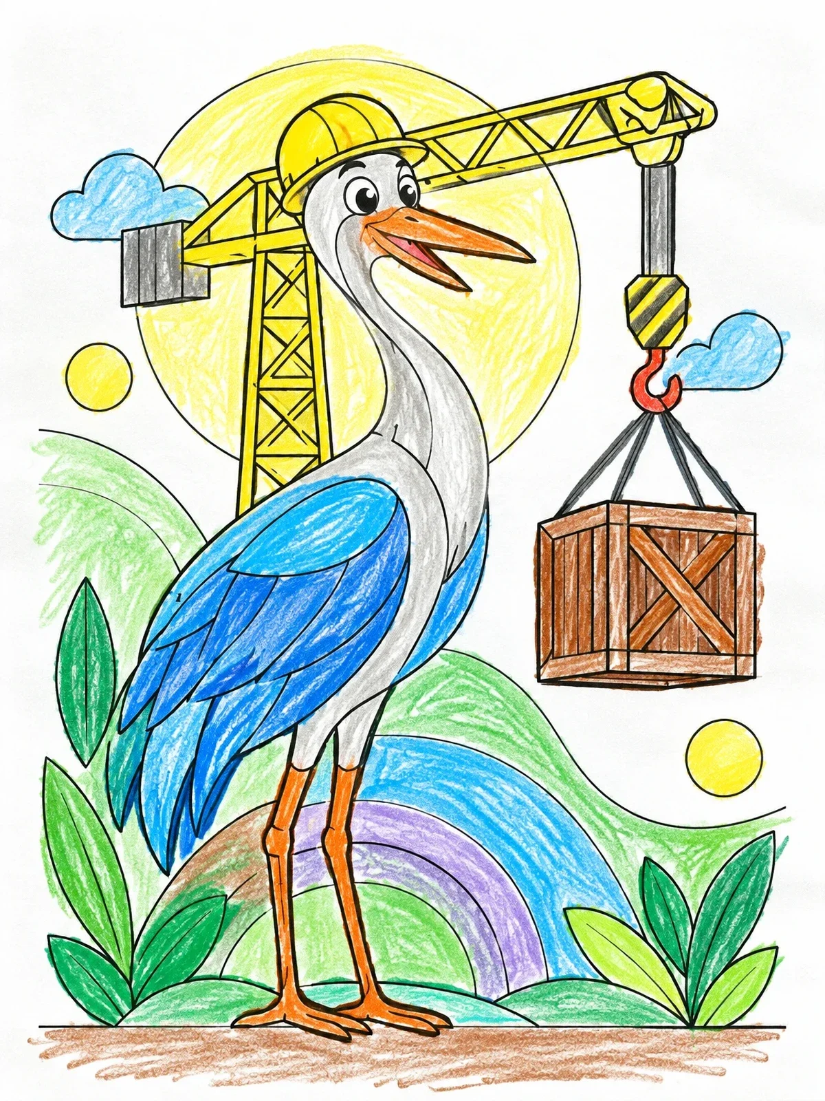 Colored example of the Crane Bird With Construction Crane coloring page