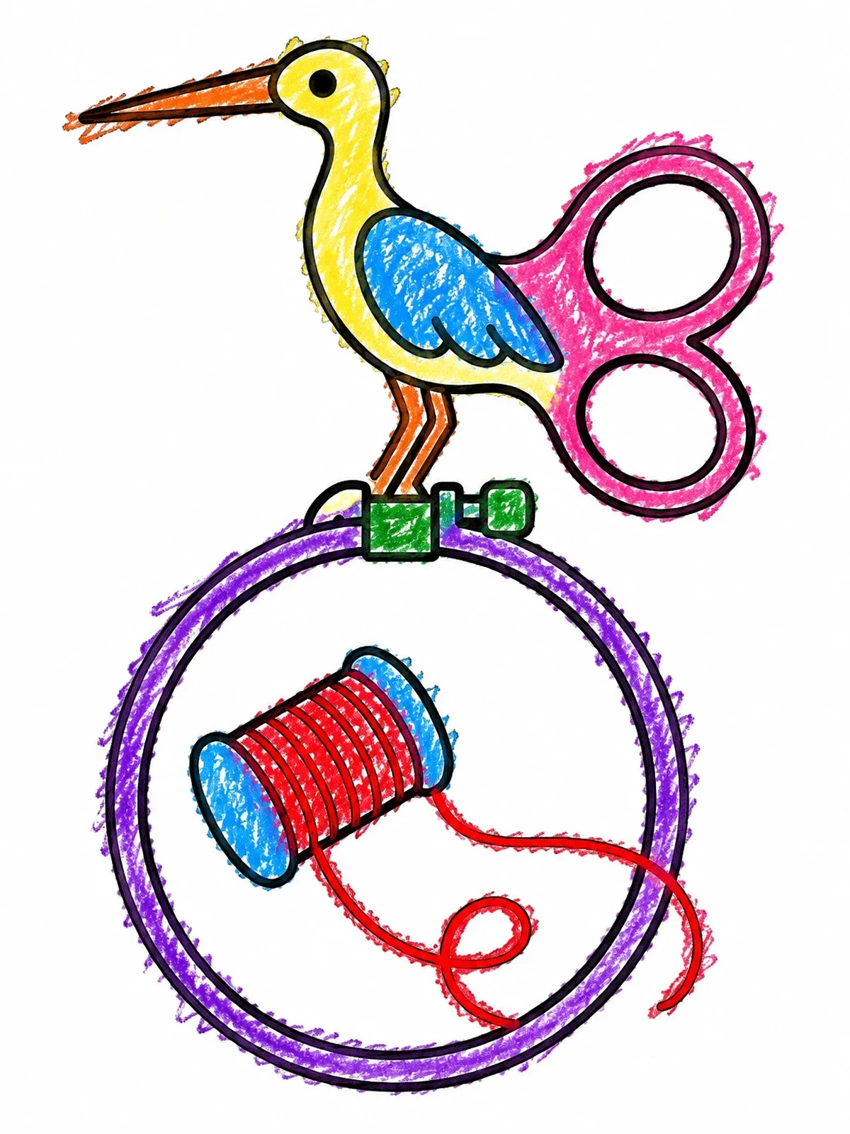 Colored example of the Crane Embroidery Scissors And Thread coloring page