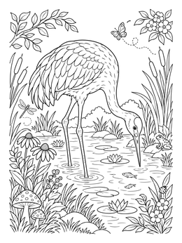 Free printable Crane Fishing In Marsh Pond coloring page