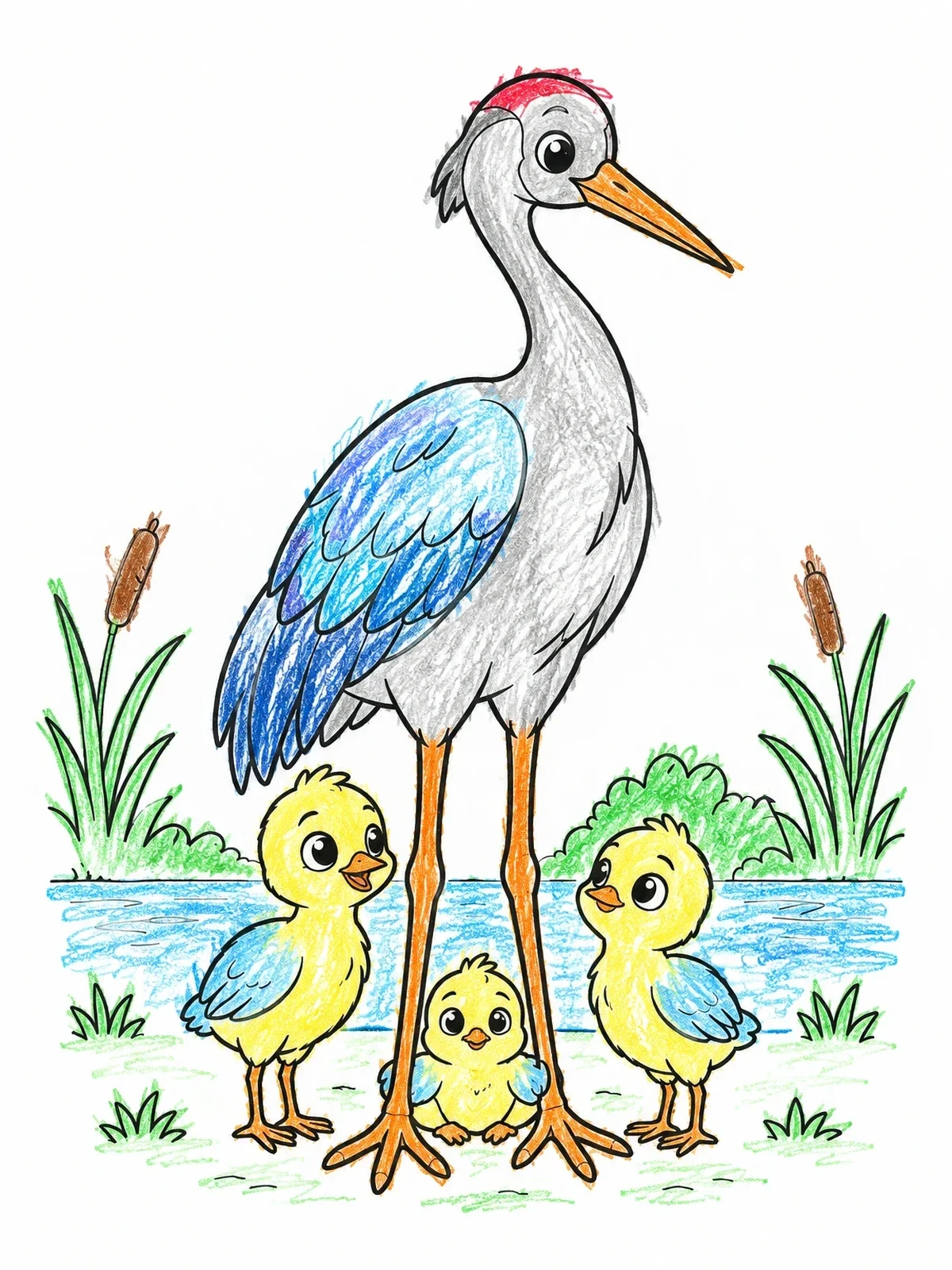 Colored example of the Crane Parent With Three Cute Chicks coloring page