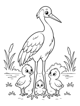 Free printable Crane Parent With Three Cute Chicks coloring page