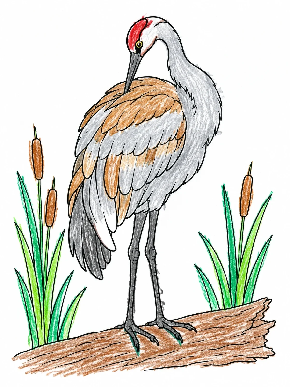Colored example of the Crane Preening On A Fallen Log coloring page