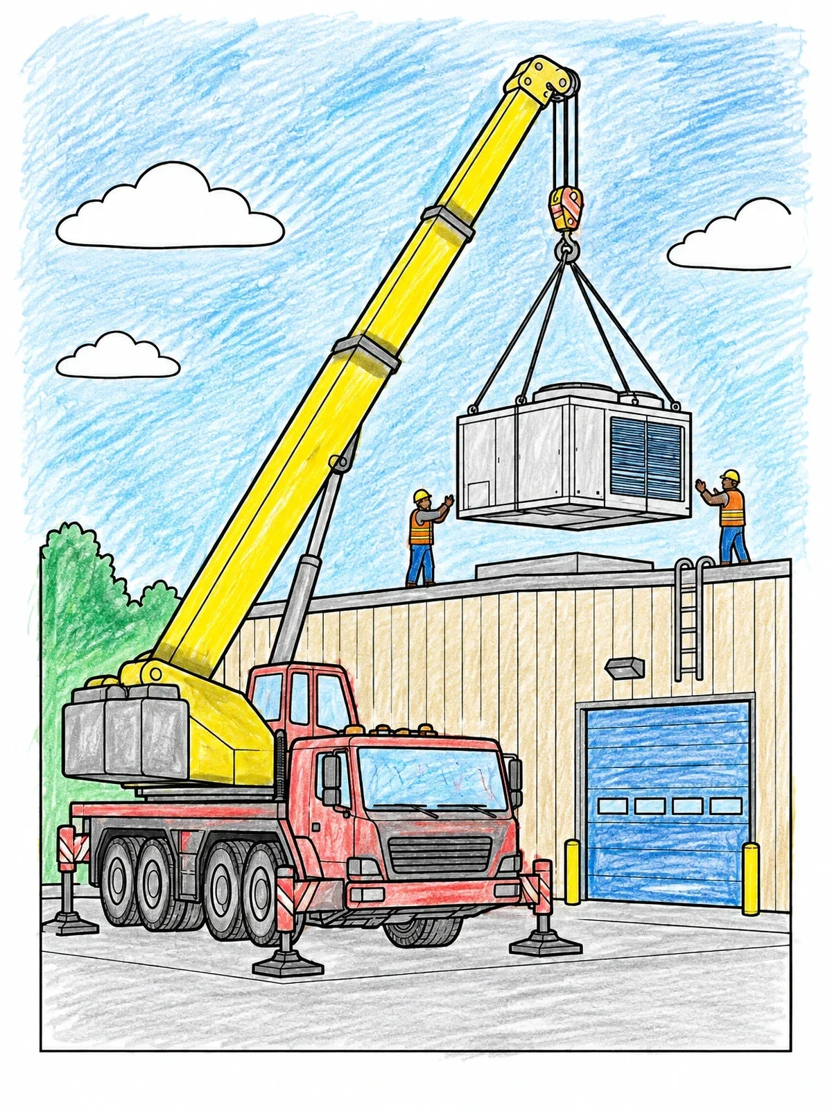 Colored example of the Crane Truck Hoisting Rooftop Unit coloring page