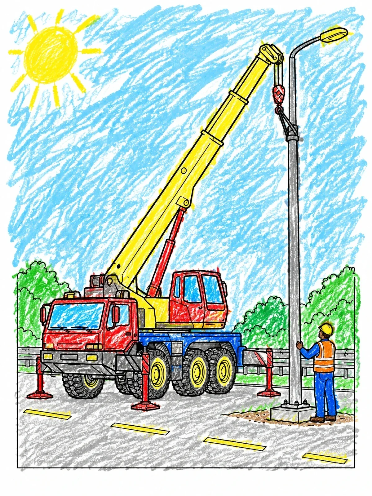 Colored example of the Crane Truck Installing Street Light coloring page
