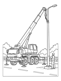 Free printable Crane Truck Installing Street Light coloring page