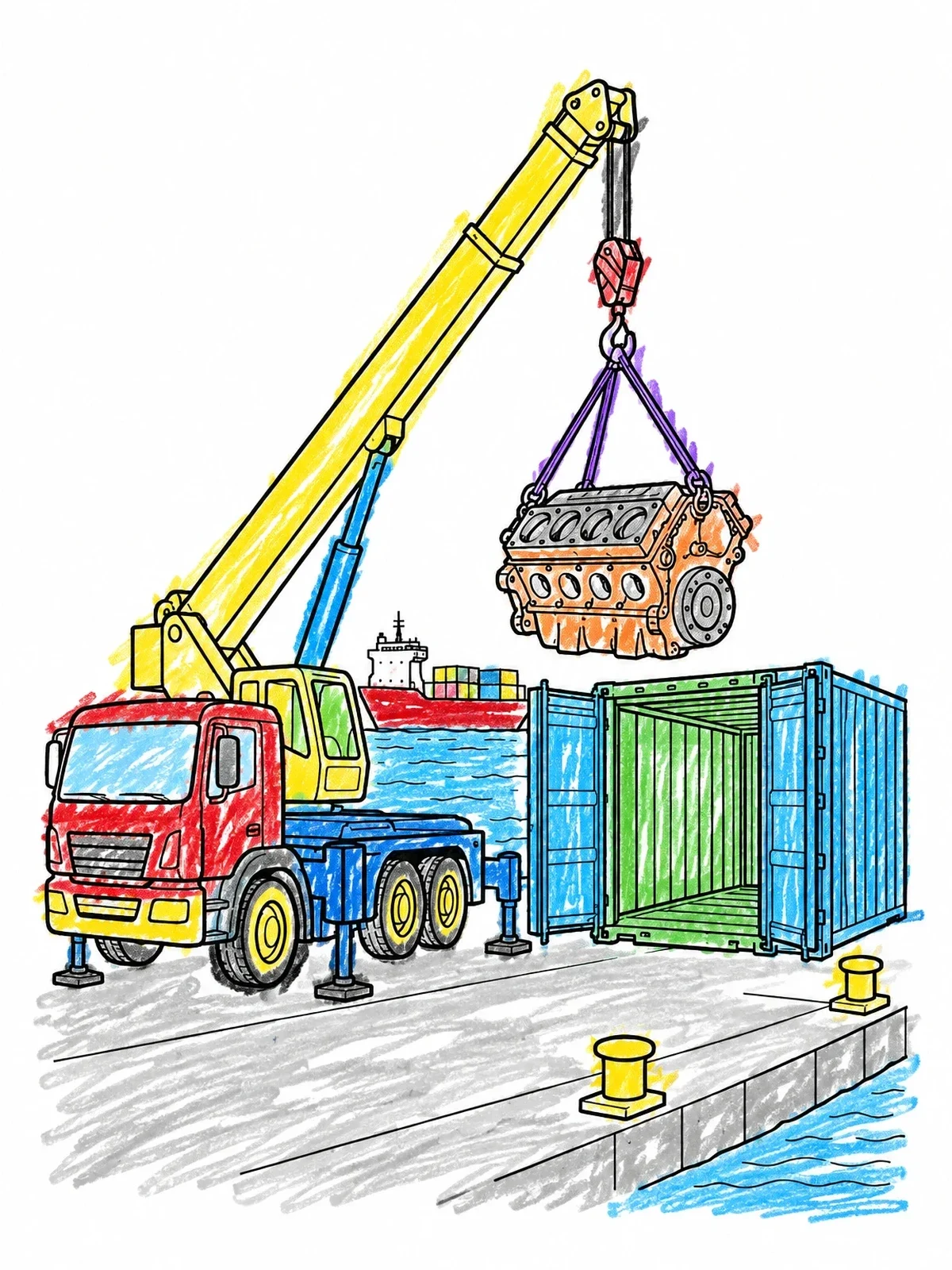Colored example of the Crane Truck Lifting Engine Block coloring page