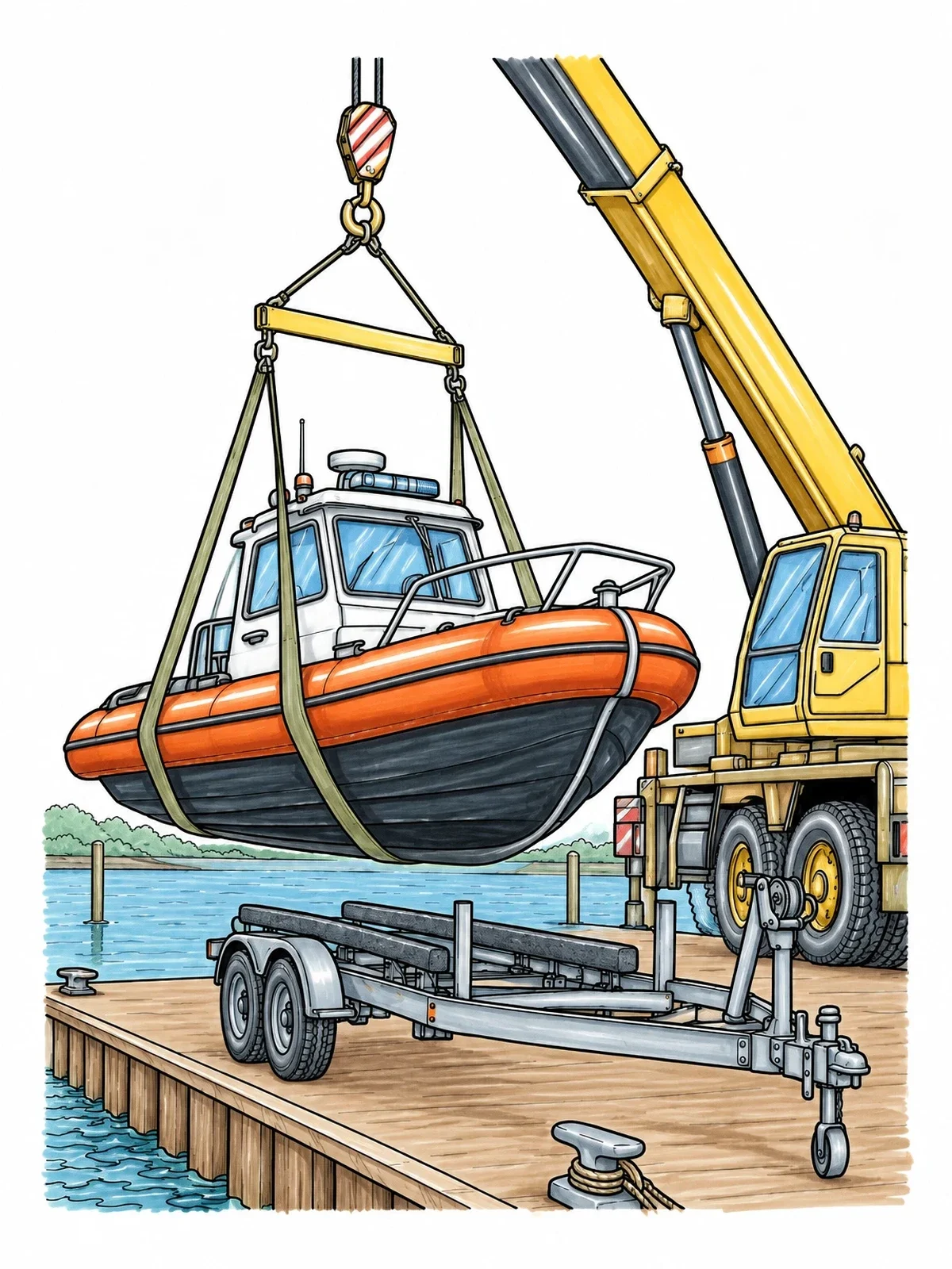 Colored example of the Crane Truck Lifting Rescue Boat coloring page