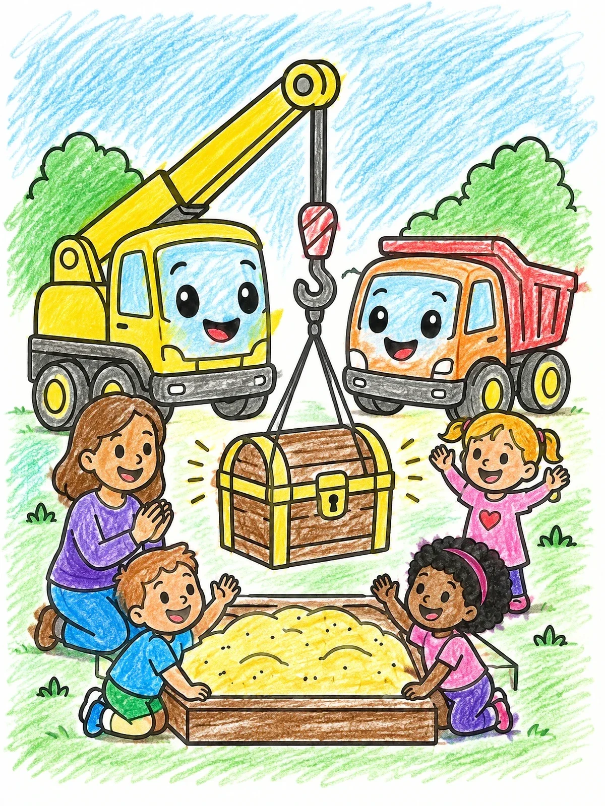 Colored example of the Crane Truck Lifting Sandbox Treasure Chest coloring page