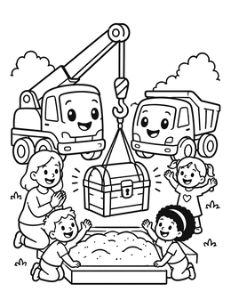 Free printable Crane Truck Lifting Sandbox Treasure Chest coloring page
