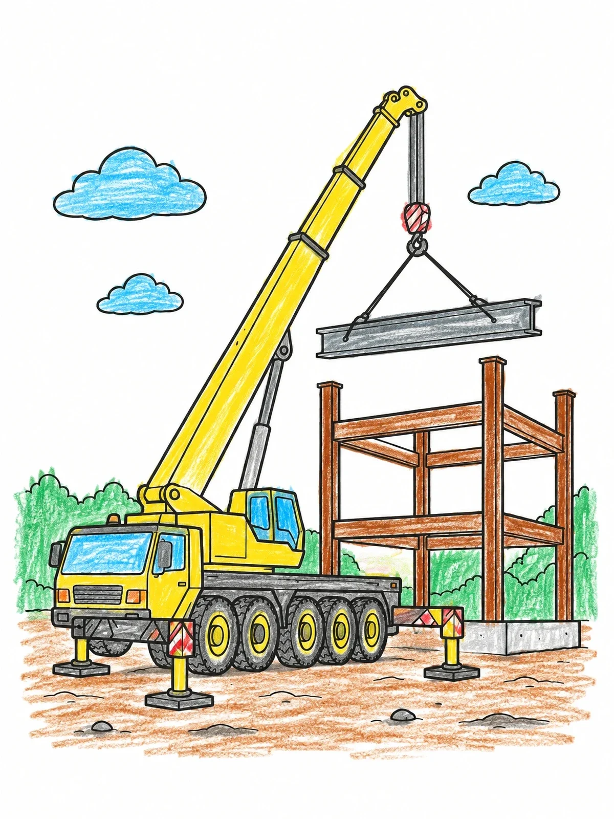 Colored example of the Crane Truck Lifting Steel Beam coloring page