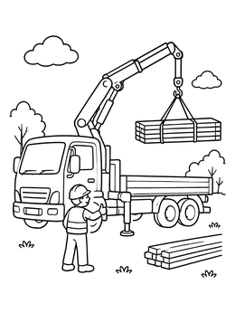 Free printable Crane Truck Loading Wooden Planks coloring page