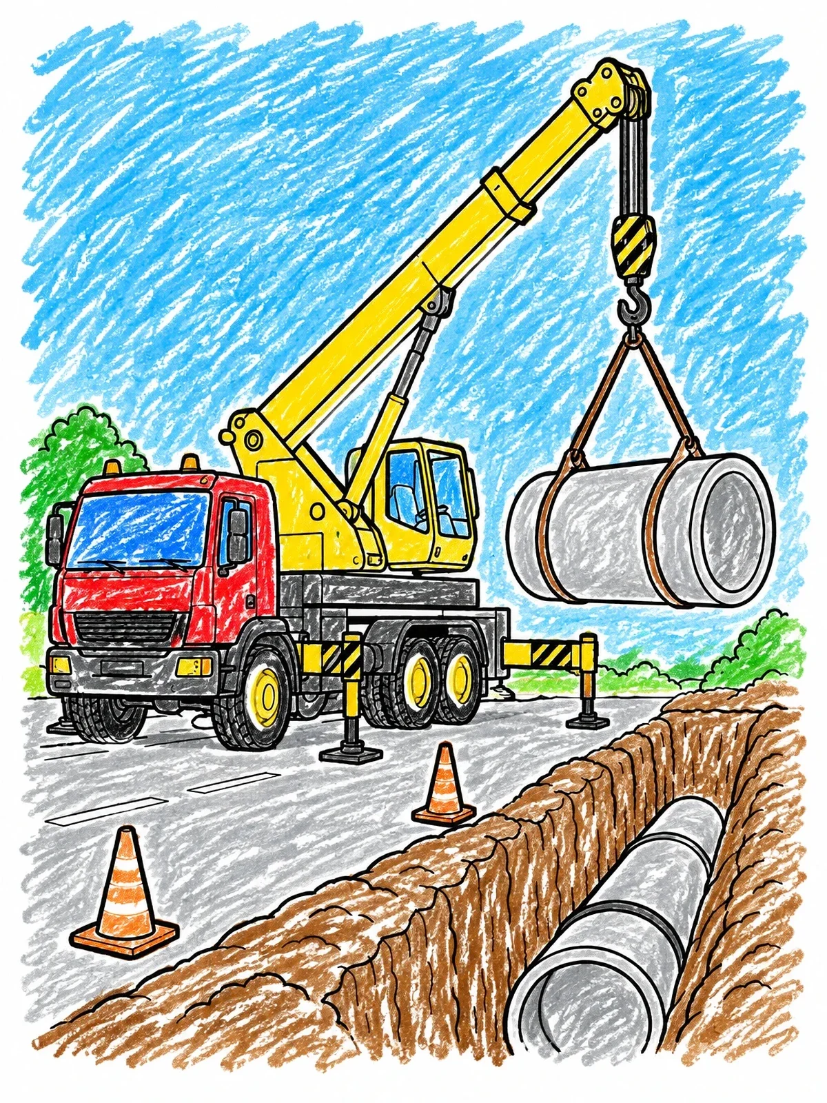 Colored example of the Crane Truck Lowering Concrete Pipe coloring page