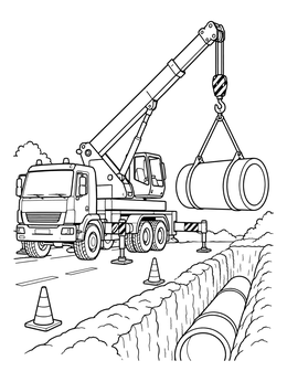 Free printable Crane Truck Lowering Concrete Pipe coloring page