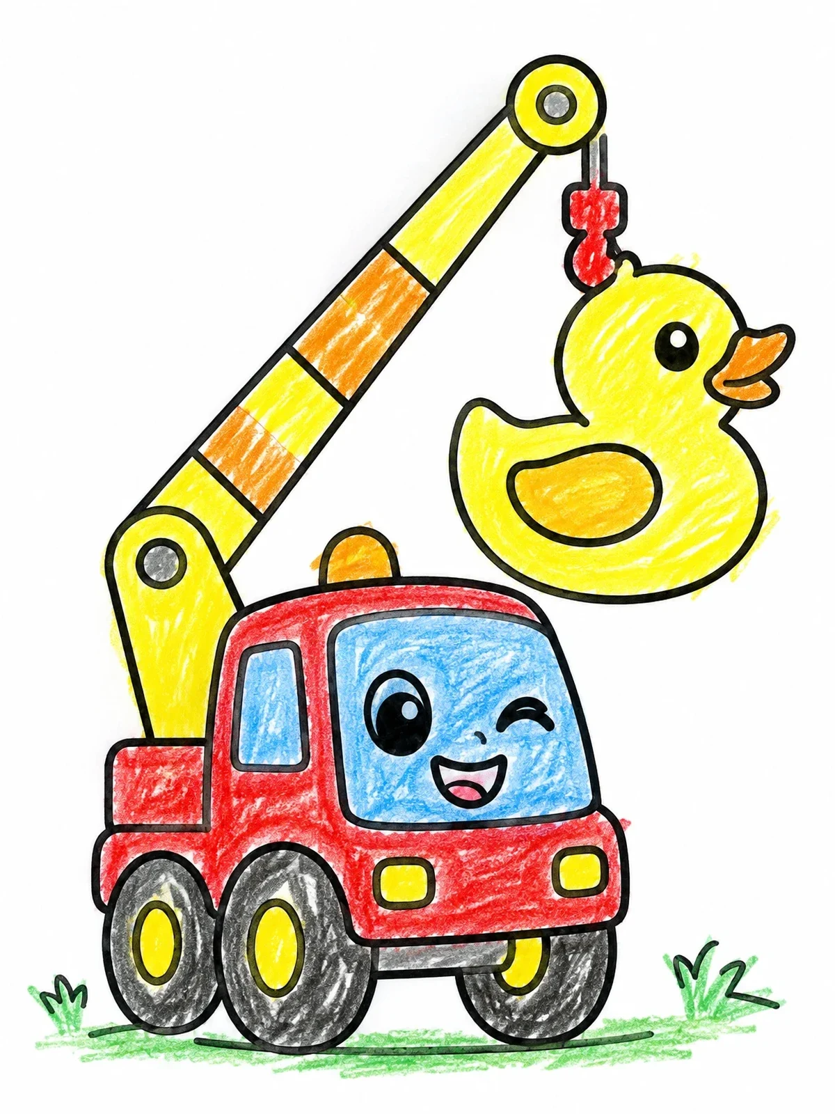 Colored example of the Cartoon Crane Truck With Rubber Duck coloring page