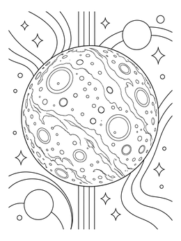 A detailed planet Mercury coloring page with textured craters and cosmic background lines.