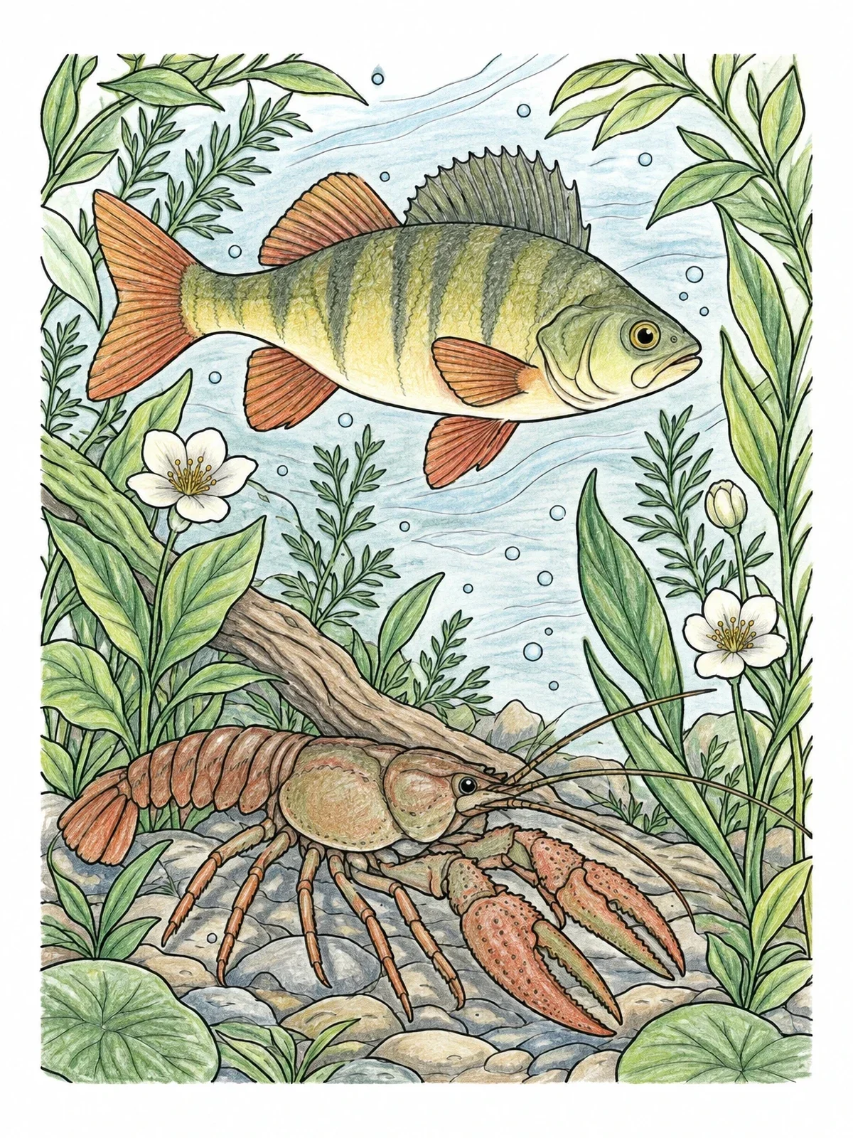 Colored example of the Crawfish And Perch In Freshwater coloring page
