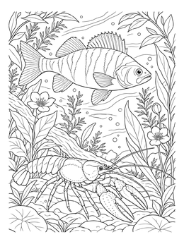 A detailed crawfish coloring page featuring a perch swimming above among river plants.
