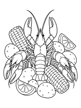 A detailed crawfish coloring page featuring cooked crayfish, corn on the cob, potatoes, and lemon wedges.