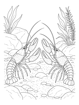 Two crayfish raise claws on a riverbed in this crawfish coloring page.