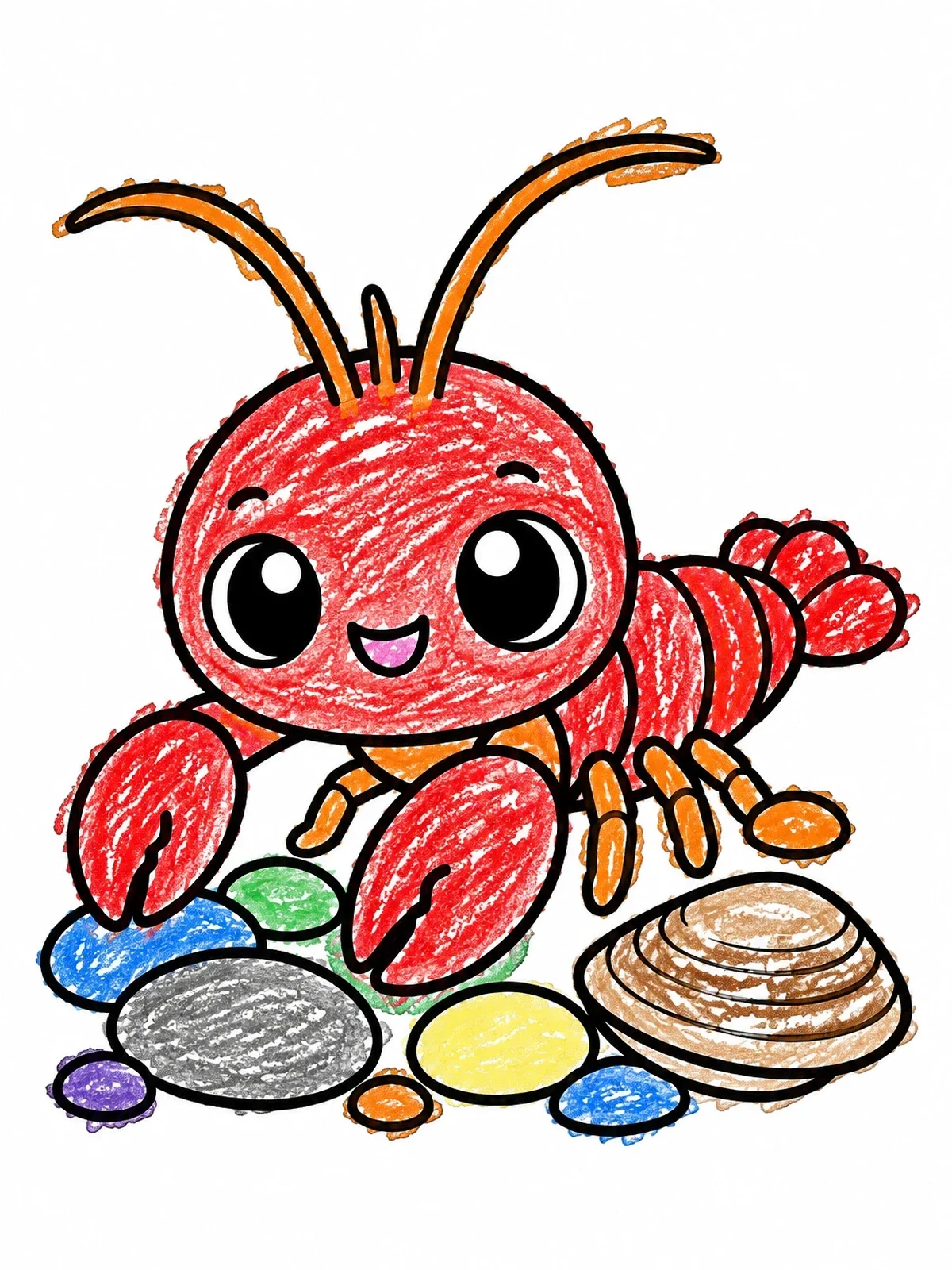 Colored example of the Cute Crayfish On River Pebbles coloring page